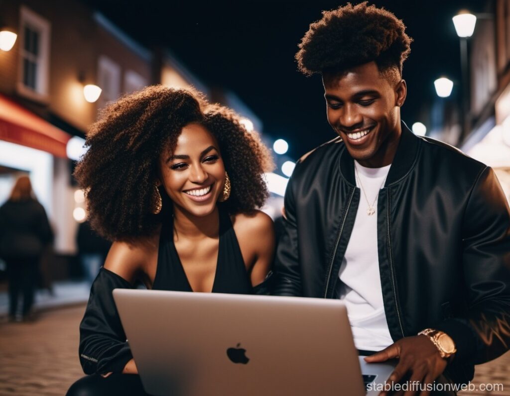 A man and a woman looking a laptop, happy and excited to contact africanclubdances form.